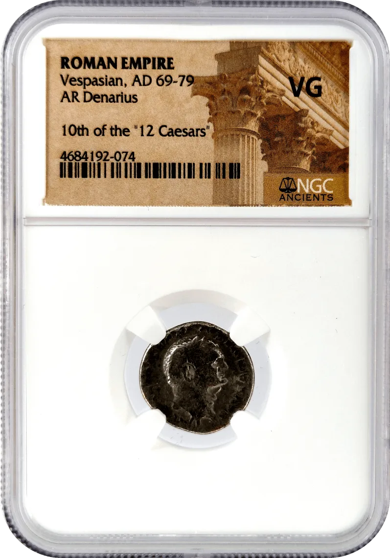 Roman Empire 69-79 A.D. Vespasian AR Denarius NGC VG '10th of the 12 Caesars' Label