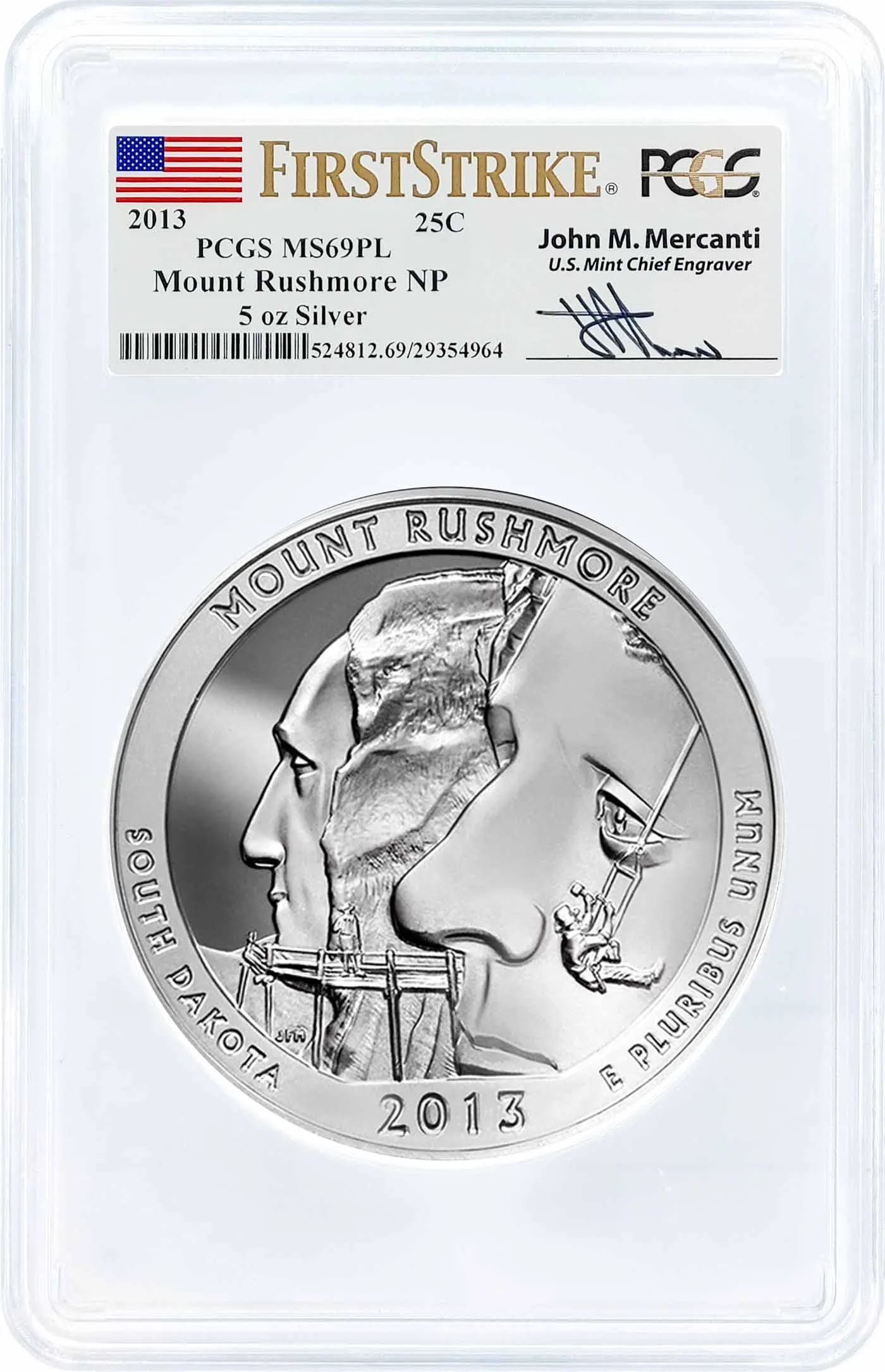 2013 ATB 5oz Silver Mount Rushmore PCGS MS69 PL First Strike Mercanti Signature