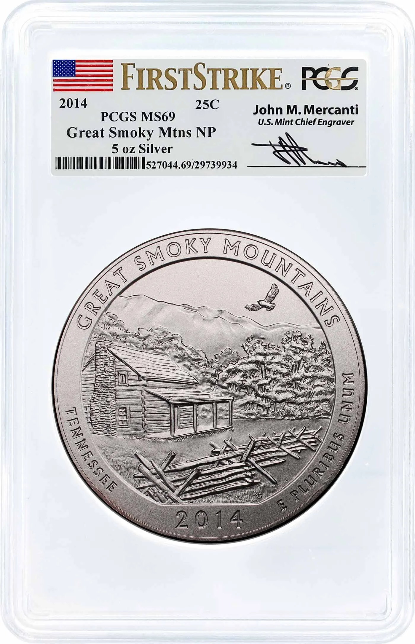 2014 ATB 5oz Silver Great Smoky Mountains PCGS MS69 First Strike Mercanti Signature