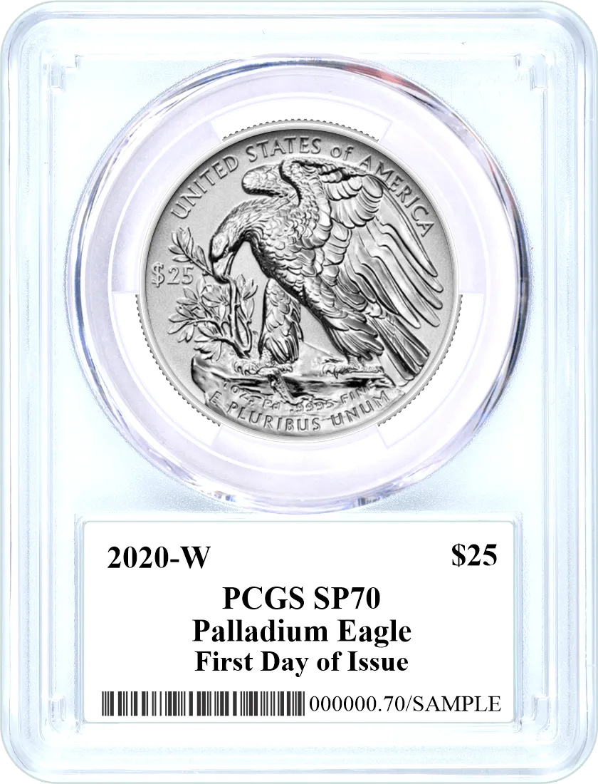 2020 W $25 Burnished Palladium Eagle PCGS SP70 Mercanti Signed Flag Label First Day of Issue