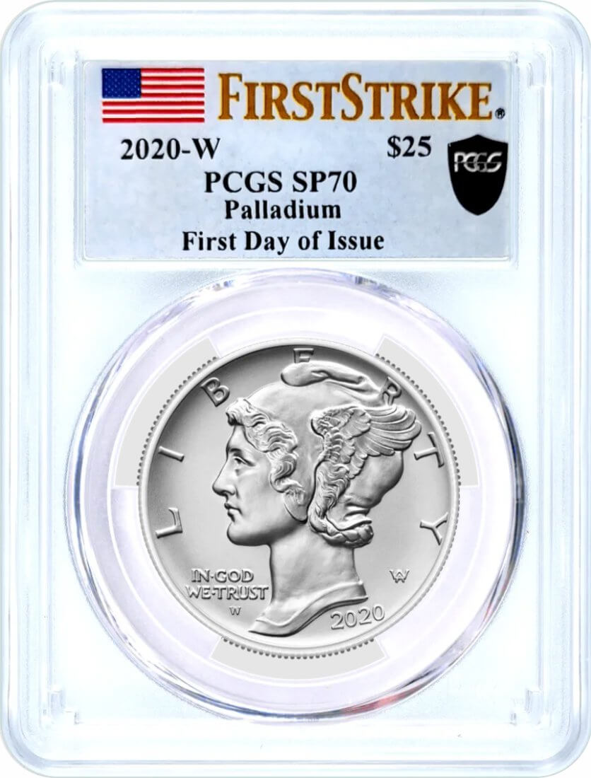 2020 W $25 Burnished Palladium Eagle PCGS SP70 First Strike First Day of Issue Black Shield Label