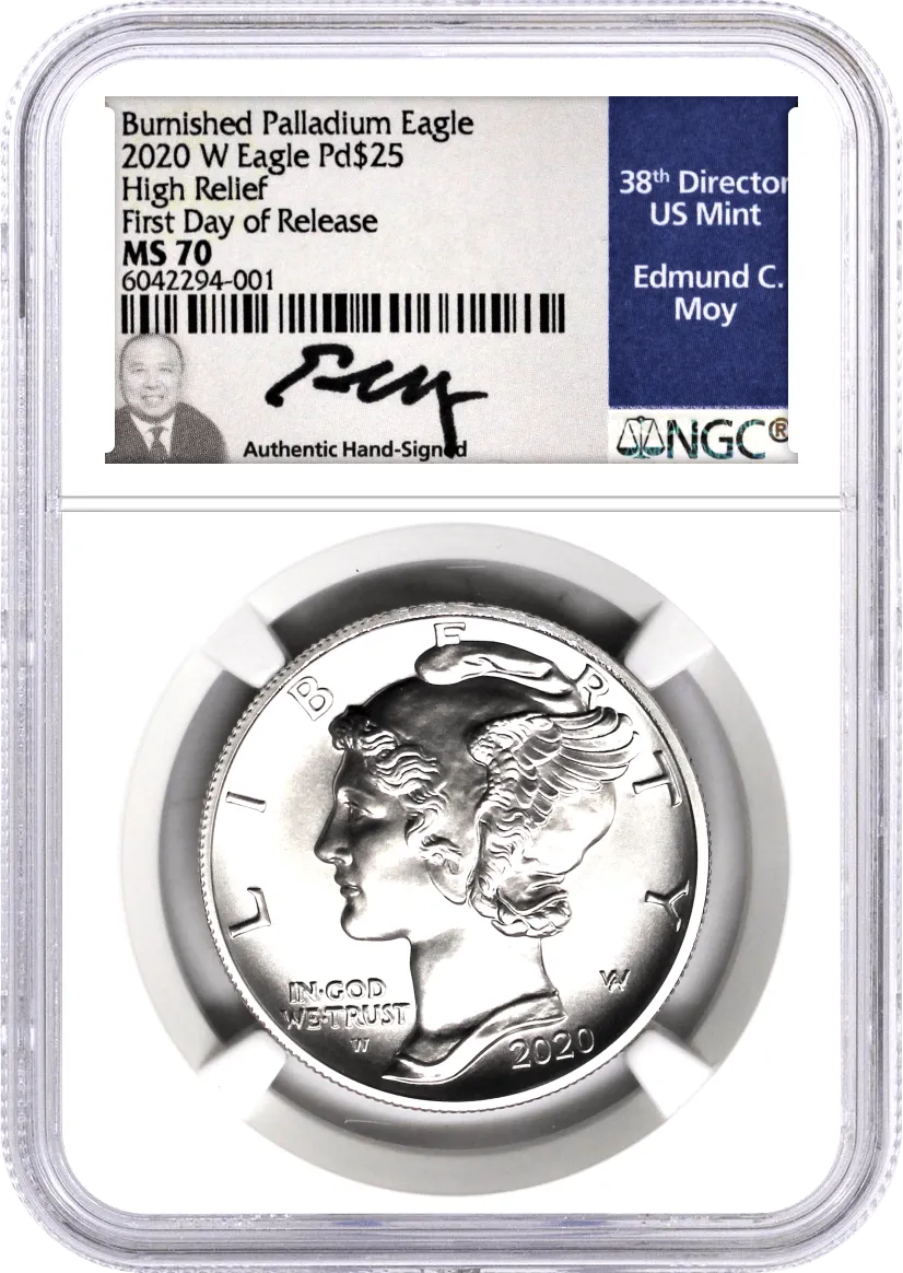 2020 W $25 Burnished Palladium Eagle NGC MS70 First Day of Release Moy Signature