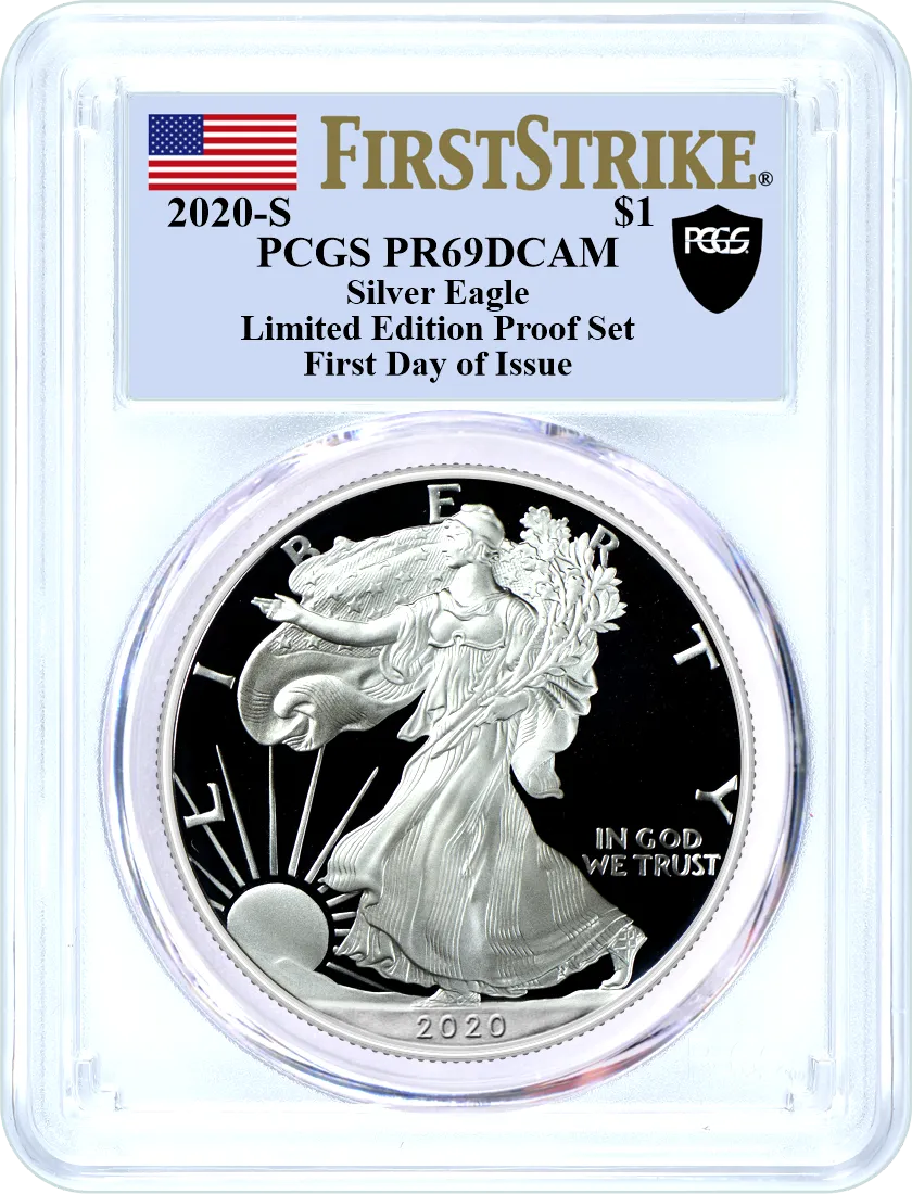 2020 S $1 Limited Edition Proof Silver Eagle PCGS PR69 DCAM First Day of Issue Black Shield Label 7 Coin Set Included