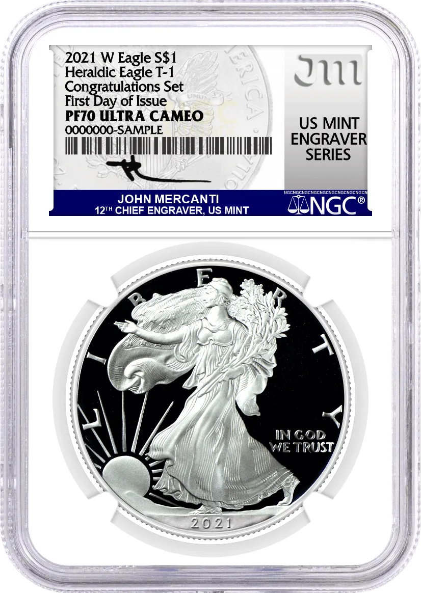 2021 W $1 Proof Silver Eagle Type 1 Congratulations Set NGC PF70 UCAM First Day of Issue Mercanti Signed U.S Mint Engraver Series