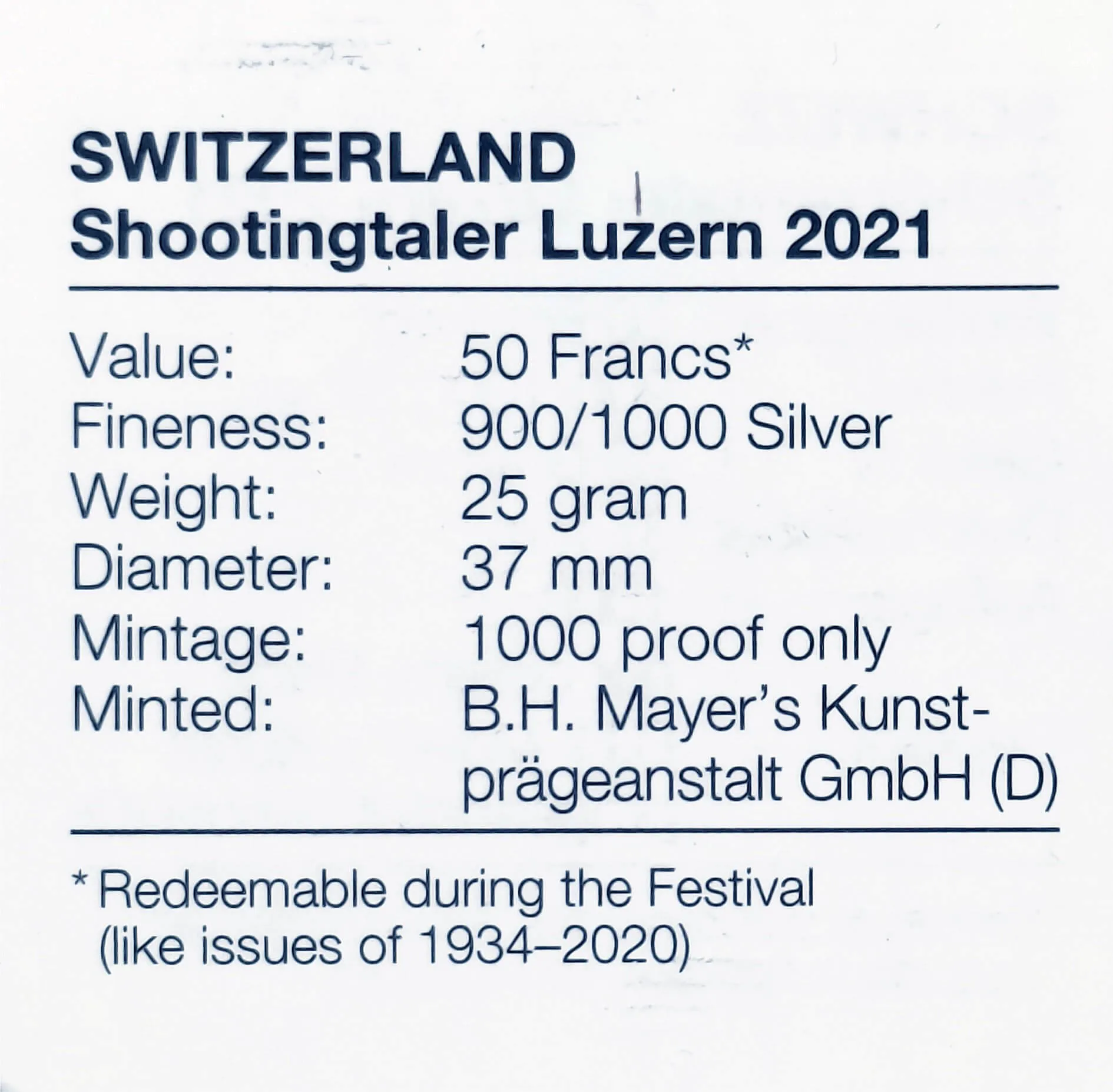 2021 Switzerland Swiss Shooting Festival Silver 50F Hab-112a NGC PF69 UCAM