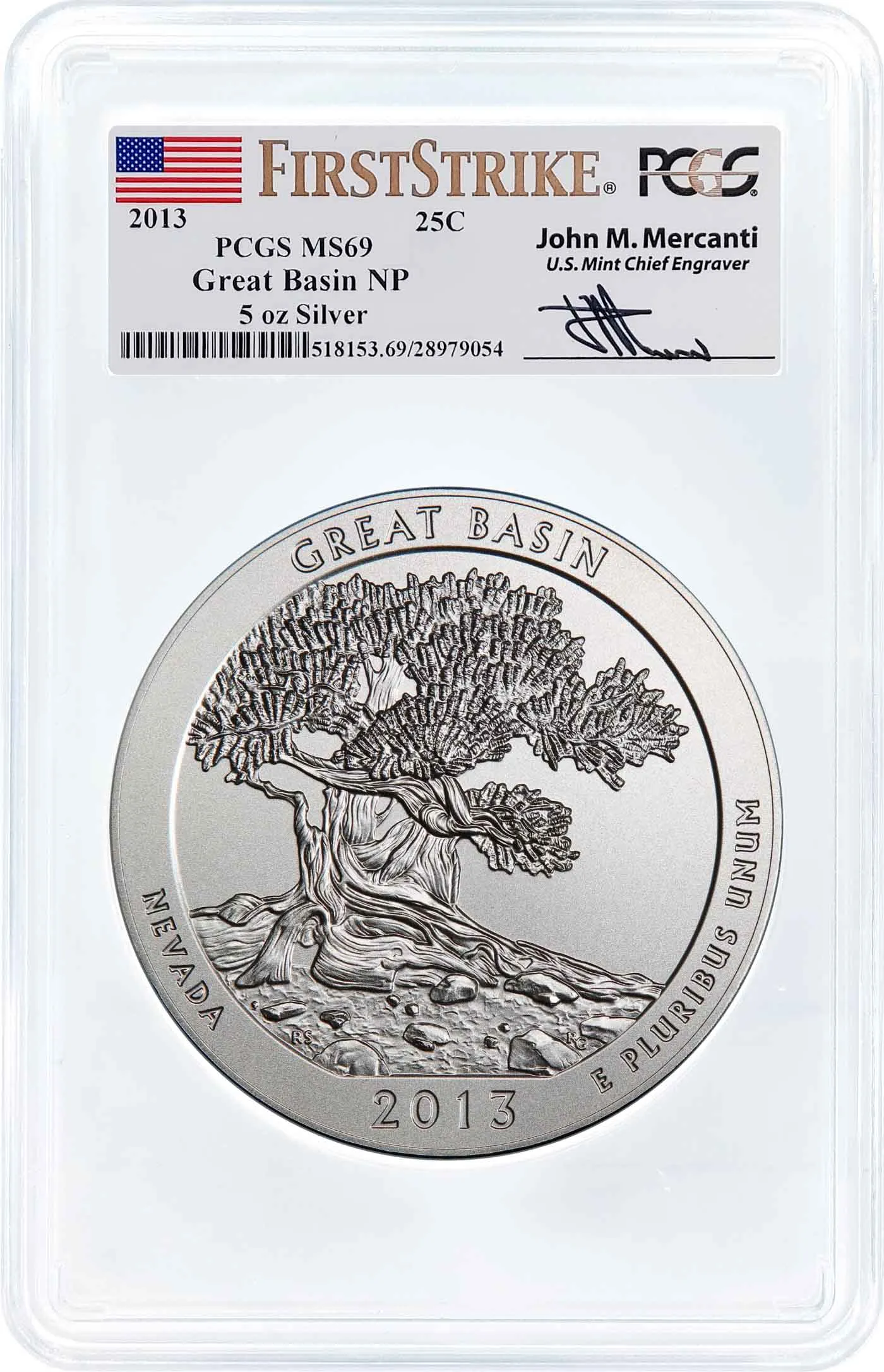 2013 ATB 5oz Silver Great Basin PCGS MS69 First Strike Mercanti Signature