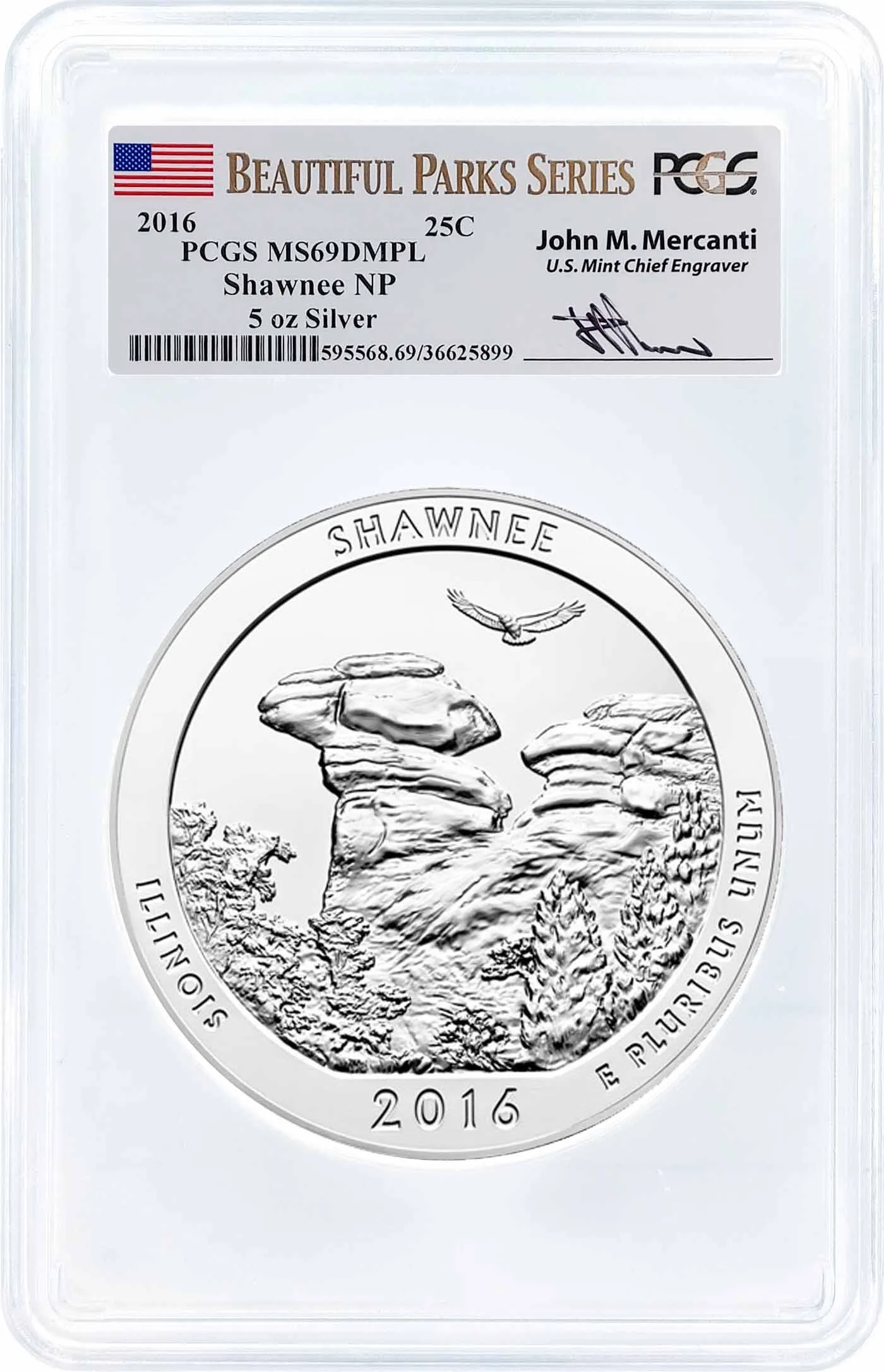 2016 ATB 5oz Silver Shawnee PCGS MS69 DMPL Mercanti Signature