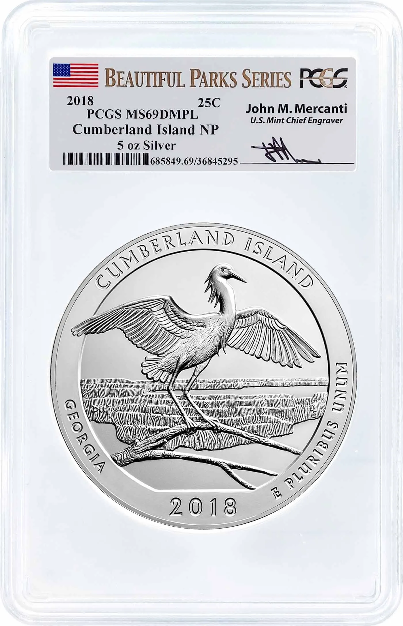 2018 ATB 5oz Silver Cumberland Island PCGS MS69 DMPL Mercanti Signature