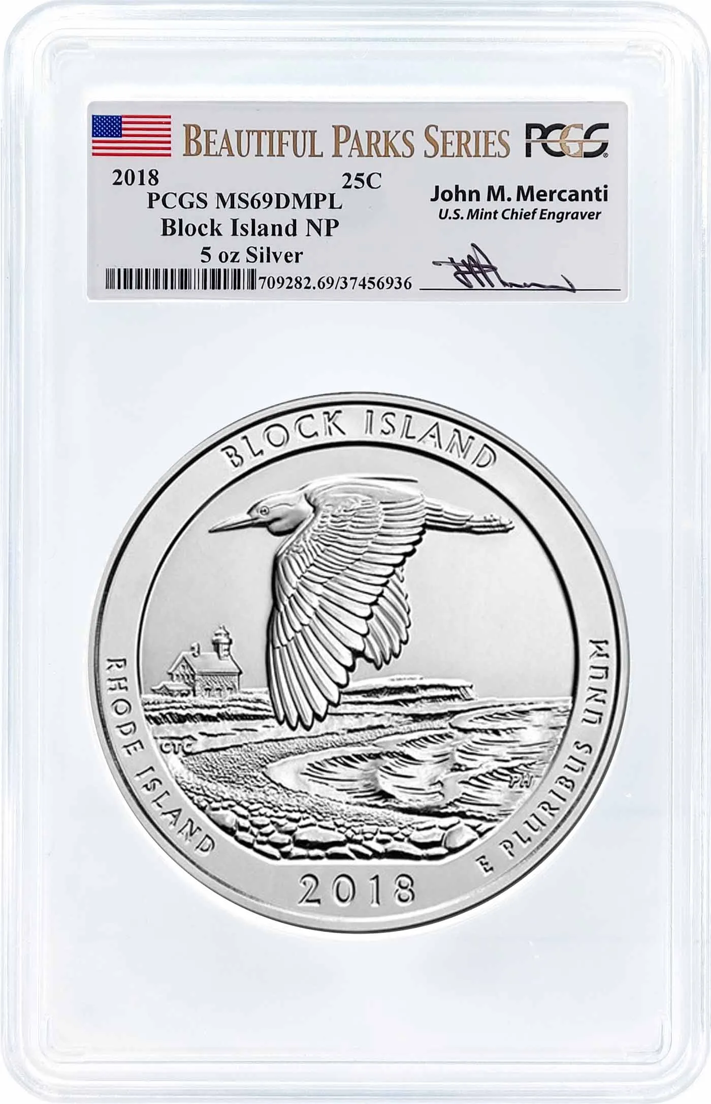 2018 ATB 5oz Silver Block Island PCGS MS69 DMPL Mercanti Signature