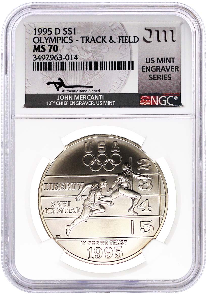 1995 D $1 Silver Centennial Olympic Games Track and Field NGC MS70 Mercanti Signed U.S. Mint Engraver Series Masters Collection
