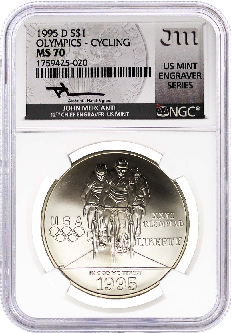 1995 D $1 Silver Centennial Olympic Games Cycling NGC MS70 Mercanti Signed U.S. Mint Engraver Series Masters Collection