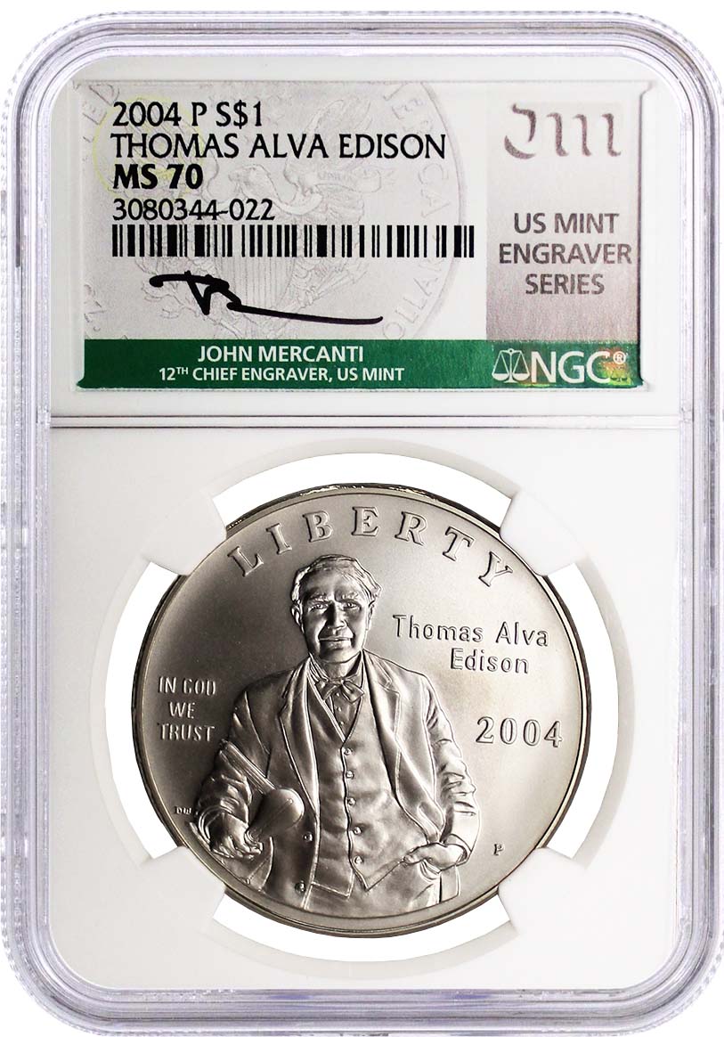 2004 P $1 Silver Thomas Alva Edison NGC MS70 Mercanti Signed U.S. Mint Engraver Series Masters Collection
