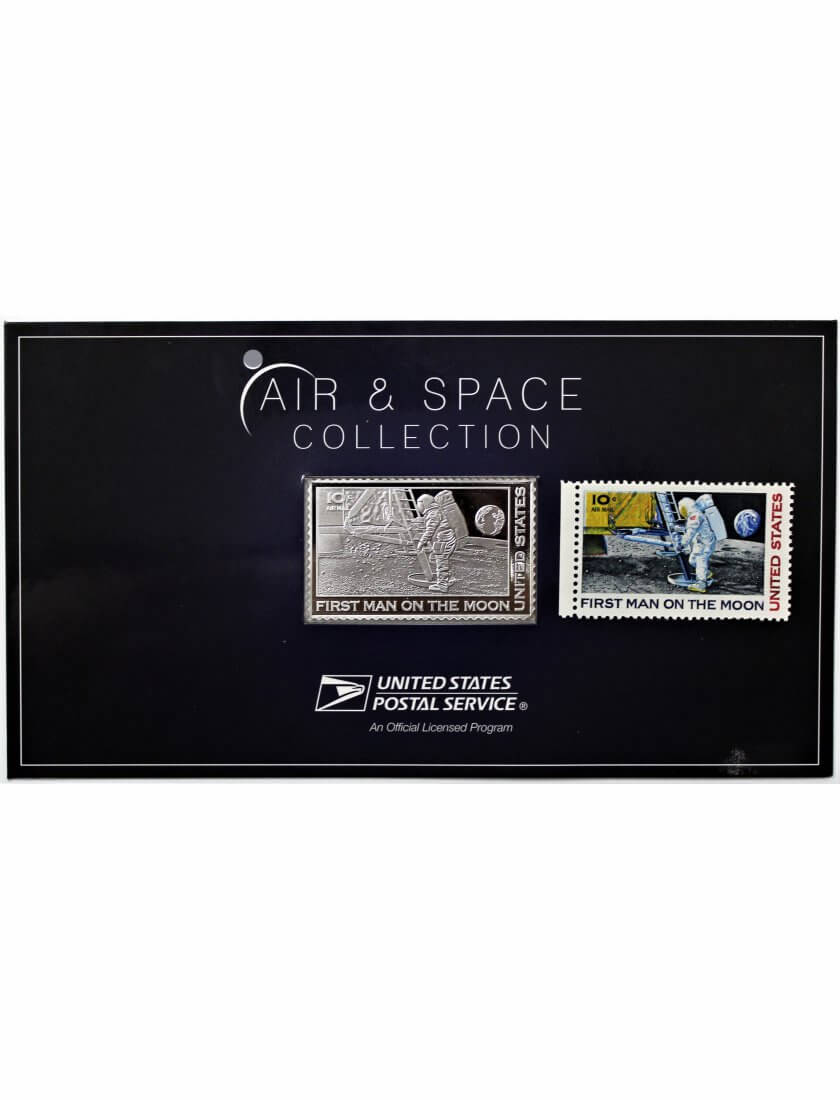 2019 USPS Air and Space Collection Apollo First Man on the Moon 1oz .999 Fine Silver Bar and Stamp