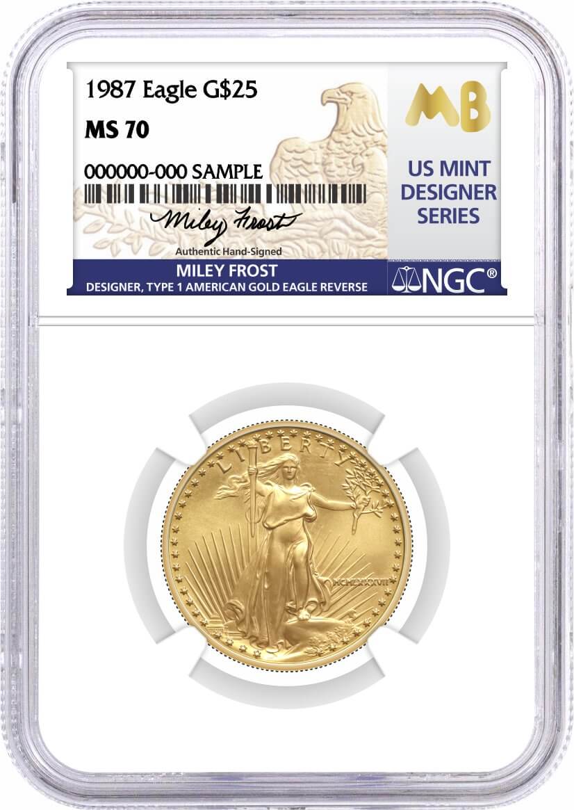 1987 $25 1/2 oz Gold Eagle NGC MS70 Frost (Busiek) Signed U.S. Mint Designer Series