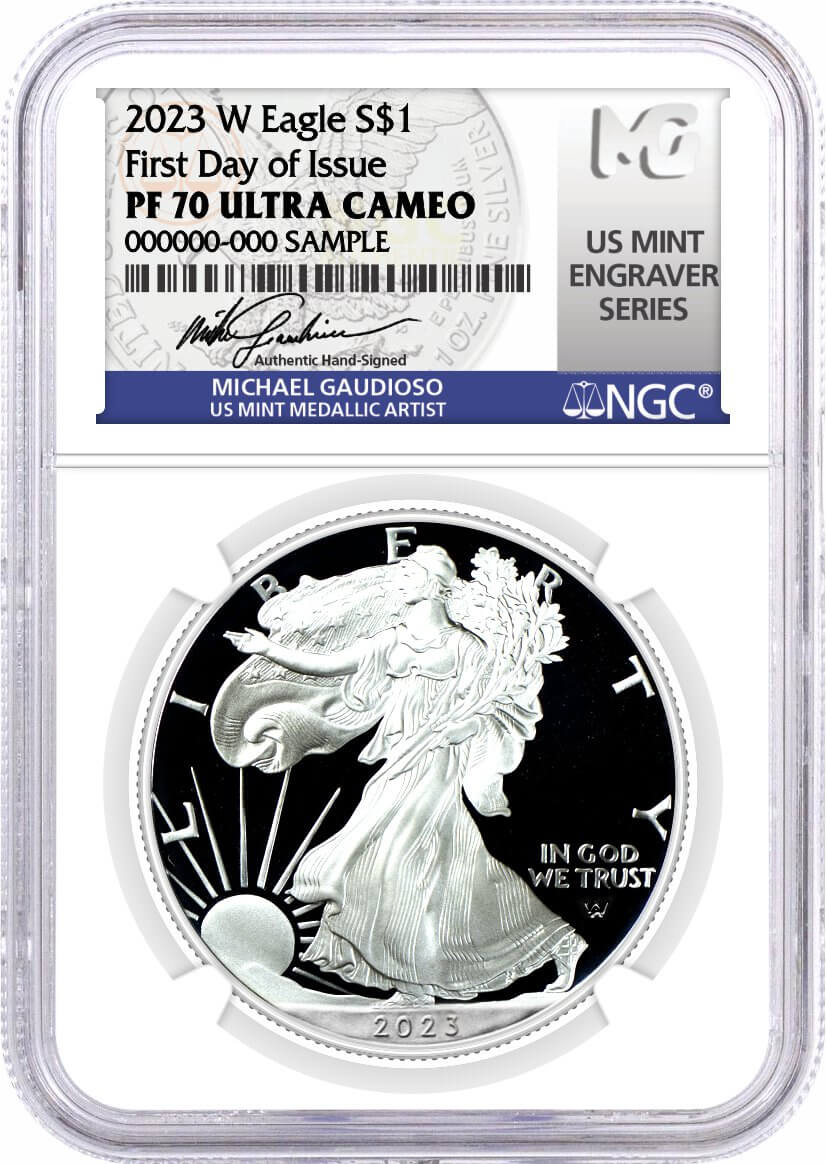 2023 W $1 1 oz Proof Silver Eagle Duo PCGS PR70/NGC PF70 First Day of Issue Damstra Signed MDS/Gaudioso Signed MES