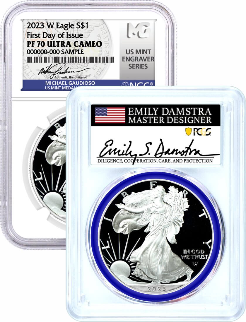2023 W $1 1 oz Proof Silver Eagle Duo PCGS PR70/NGC PF70 First Day of Issue Damstra Signed MDS/Gaudioso Signed MES