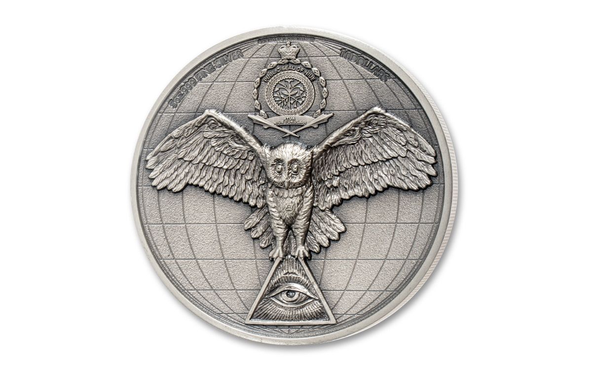 2022 $10 Niue 5oz Gilt Silver Eye of Providence Ultra High Relief NGC MS70 ANTIQUED First Day of Issue Black Core