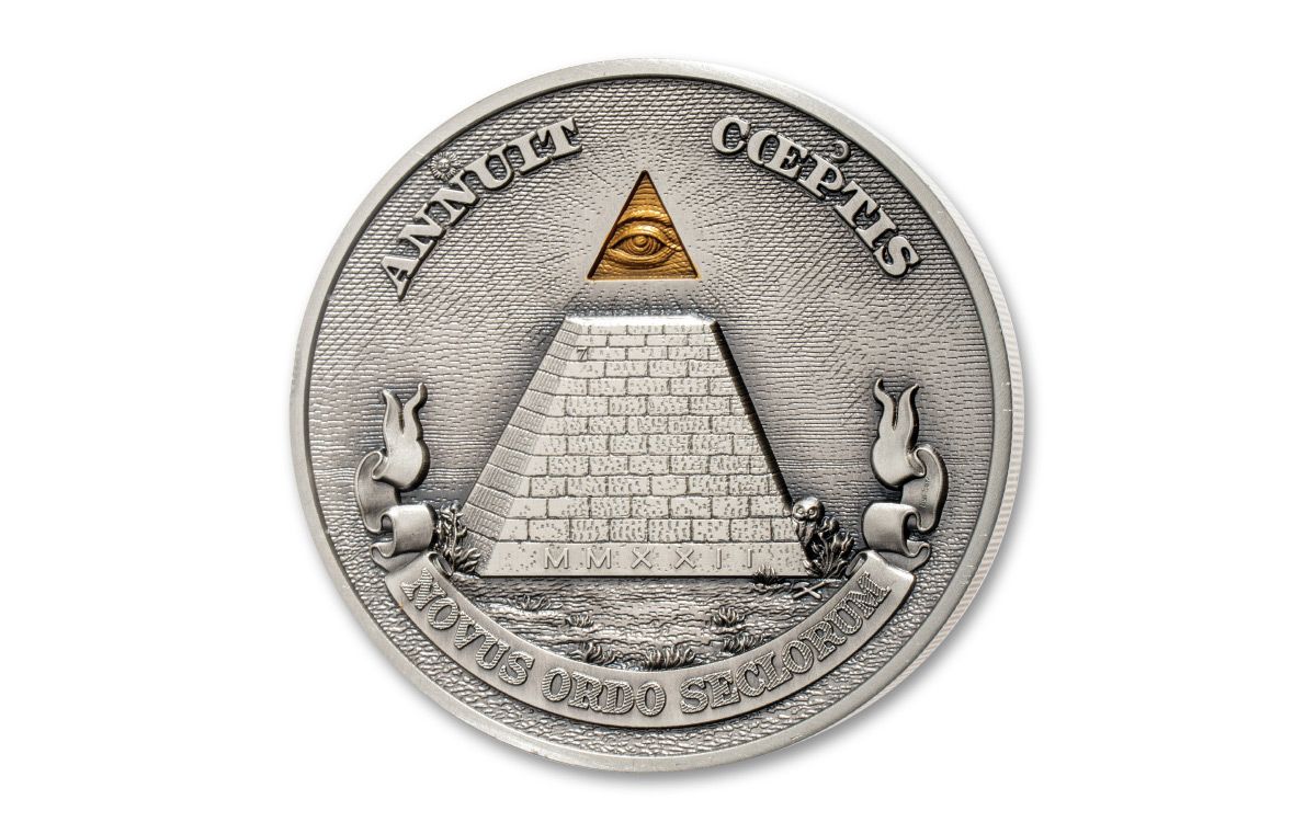 2022 $10 Niue 5oz Gilt Silver Eye of Providence Ultra High Relief NGC MS70 ANTIQUED First Day of Issue Black Core