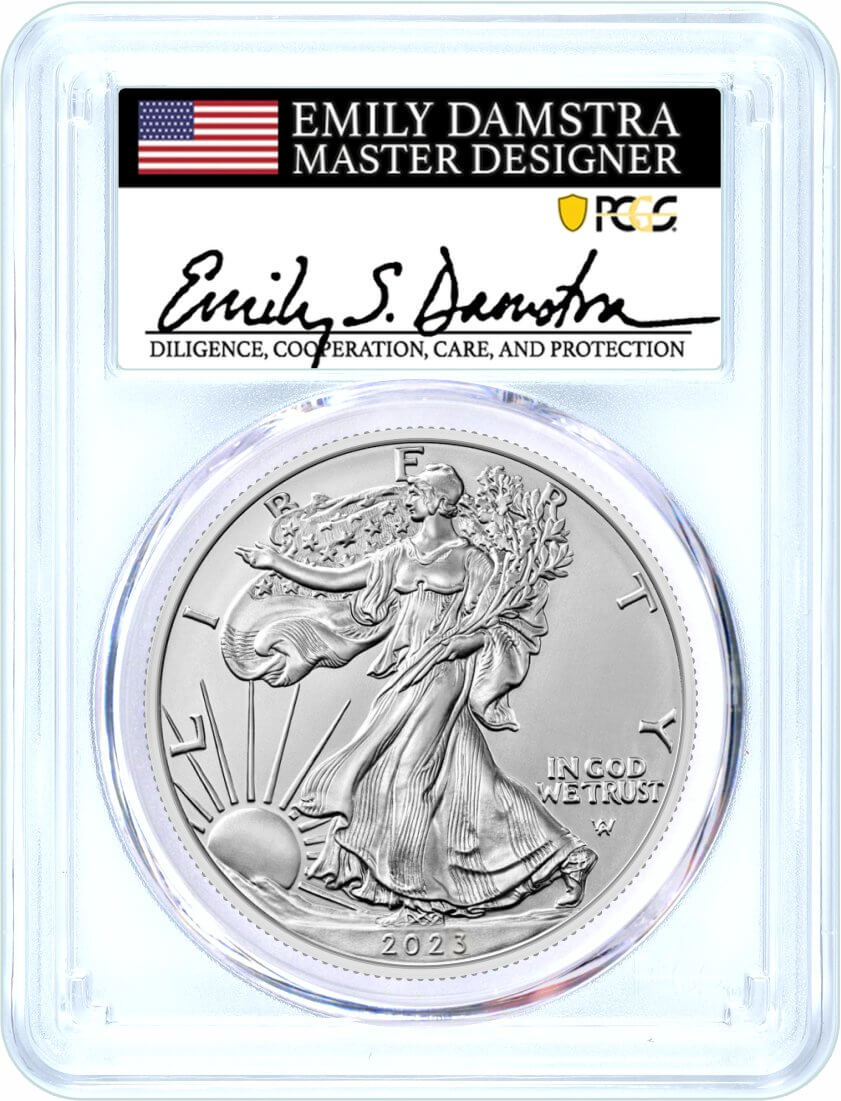 2023 W $1 Burnished Silver Eagle PCGS SP70 First Strike Damstra Signed Flag Label