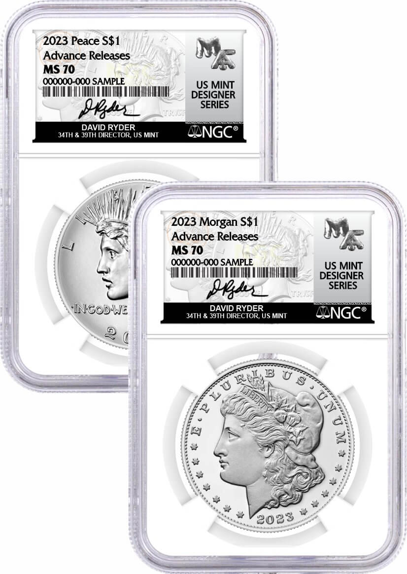 2023 $1 Uncirculated Silver Morgan Dollar and Peace Dollar 2 Coin Set NGC MS70 Advance Releases Ryder Signed U.S. Mint Designer Series