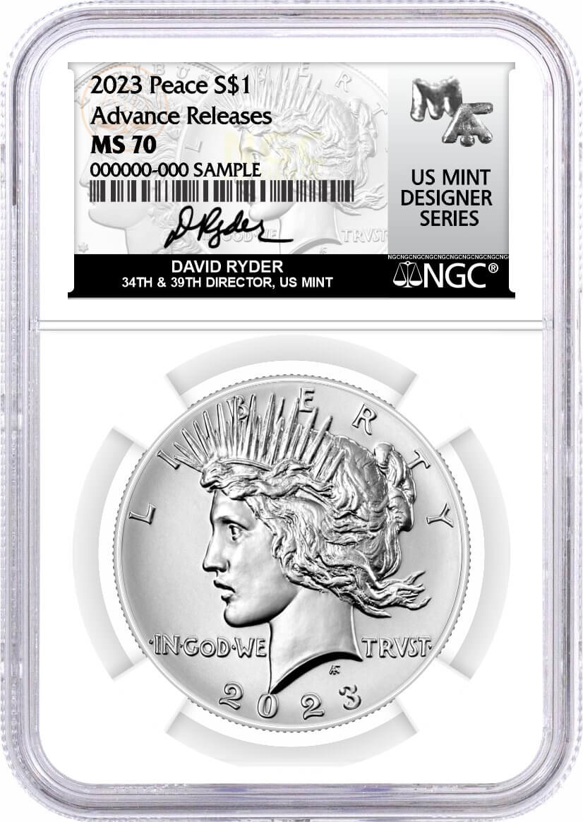 2023 $1 Uncirculated Silver Morgan Dollar and Peace Dollar 2 Coin Set NGC MS70 Advance Releases Ryder Signed U.S. Mint Designer Series