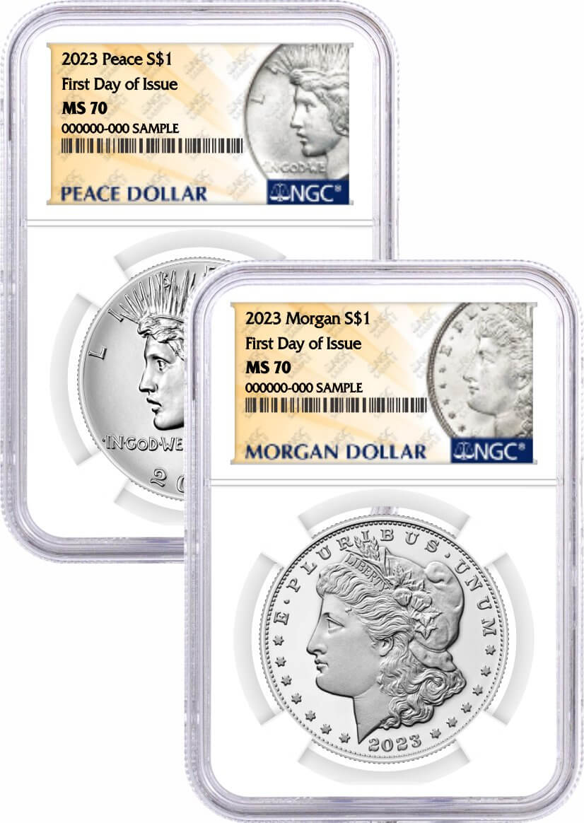 2023 $1 Uncirculated Silver Morgan Dollar and Peace Dollar 2 Coin Duo NGC MS70 First Day of Issue Design Label
