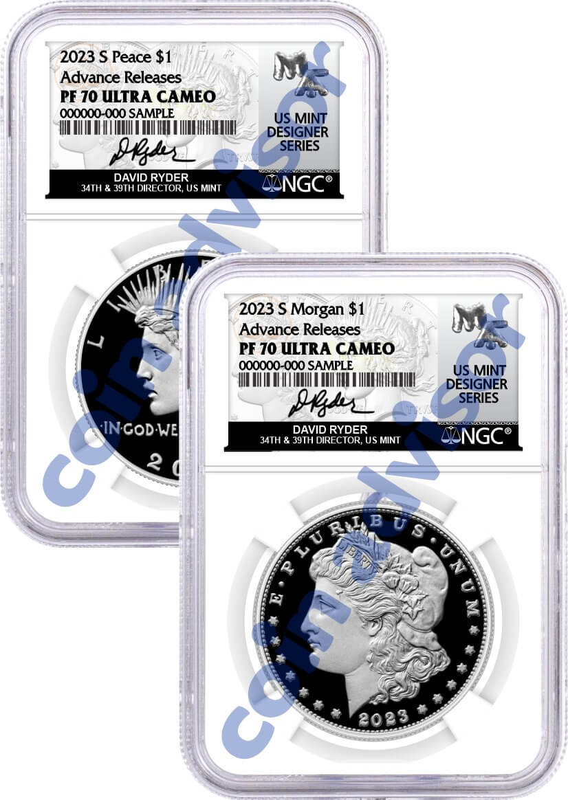 2023 S $1 Proof Silver Morgan Dollar and Peace Dollar 2 Coin Set NGC PF70 UCAM Advance Releases Ryder Signed U.S. Mint Designer Series