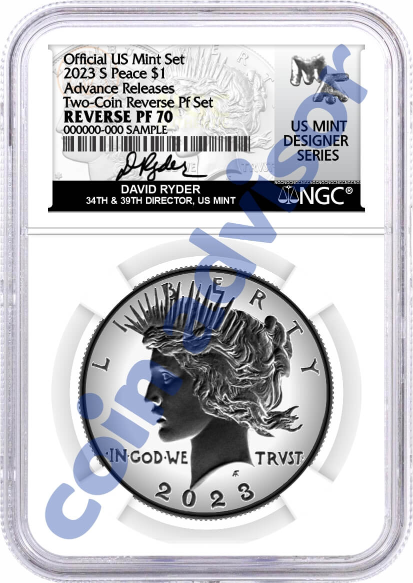 2023 S $1 Reverse Proof Morgan Dollar and Peace Dollar 2 Coin Set NGC Reverse PF70 Advance Releases Ryder Signed U.S. Mint Designer Series