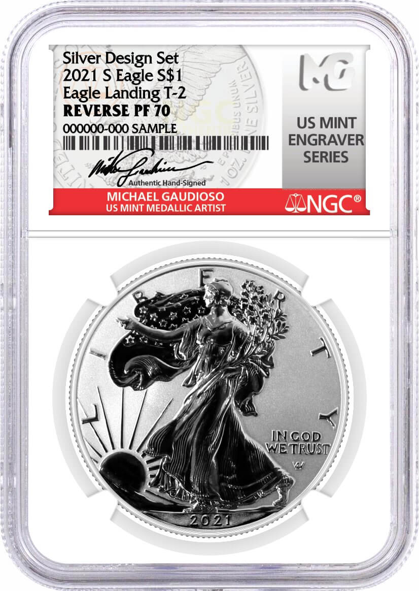 2021 WS $1 Silver Eagle T-1 & T-2 Reverse Proof 2-Coin Silver Design Set NGC Reverse PF70 Mercanti MES Gaudioso MES