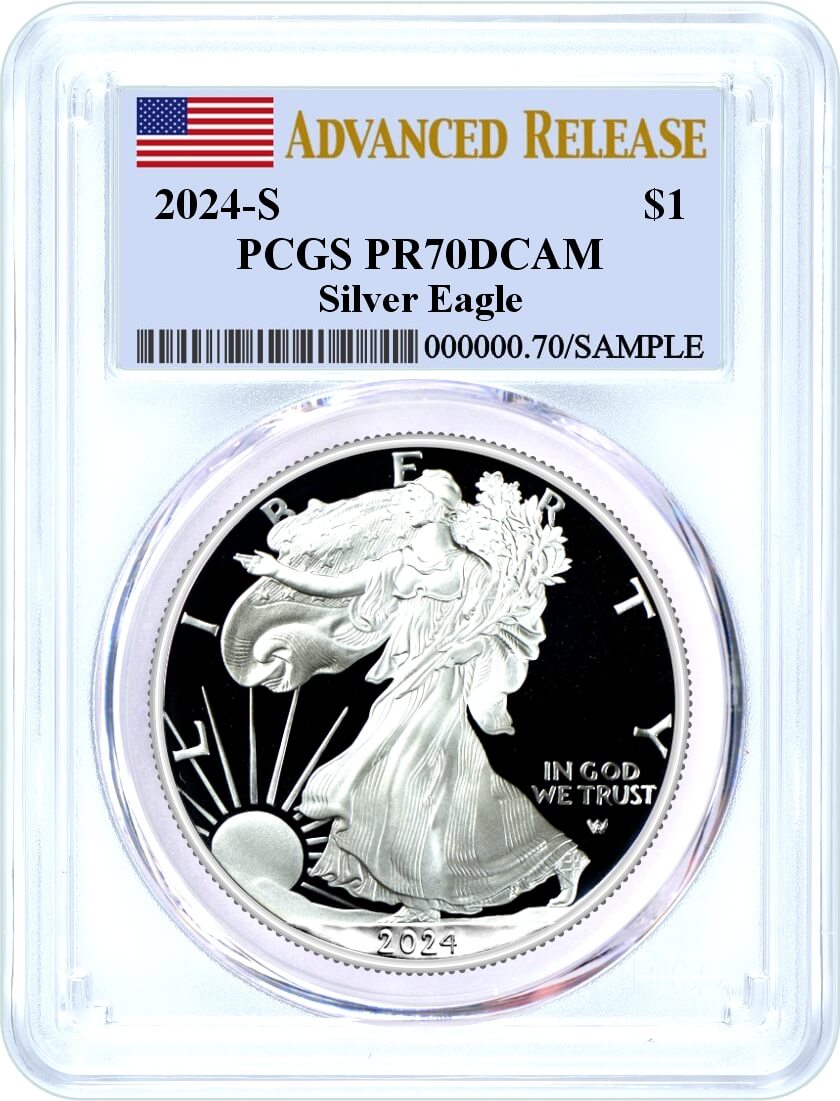 2024 S $1 1 oz Proof Silver Eagle PCGS PR70 DCAM Advanced Release Flag Label