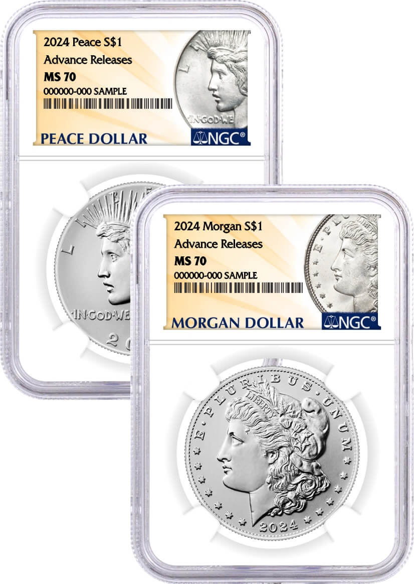 2024 $1 Uncirculated Silver Morgan Dollar and Peace Dollar 2 Coin Duo NGC MS70 Advance Releases Design Label