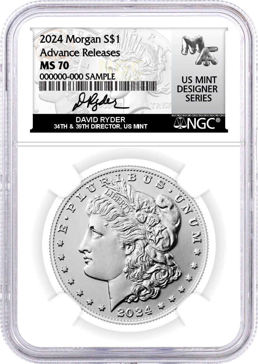 2024 $1 Uncirculated Silver Morgan Dollar and Peace Dollar 2 Coin Set NGC MS70 Advance Releases Ryder Signed US Mint Designer Series