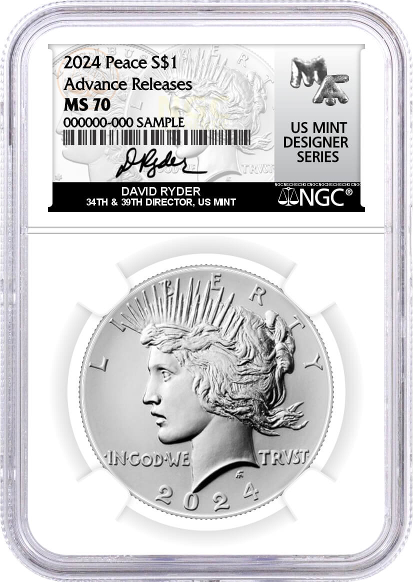 2024 $1 Uncirculated Silver Morgan Dollar and Peace Dollar 2 Coin Set NGC MS70 Advance Releases Ryder Signed US Mint Designer Series