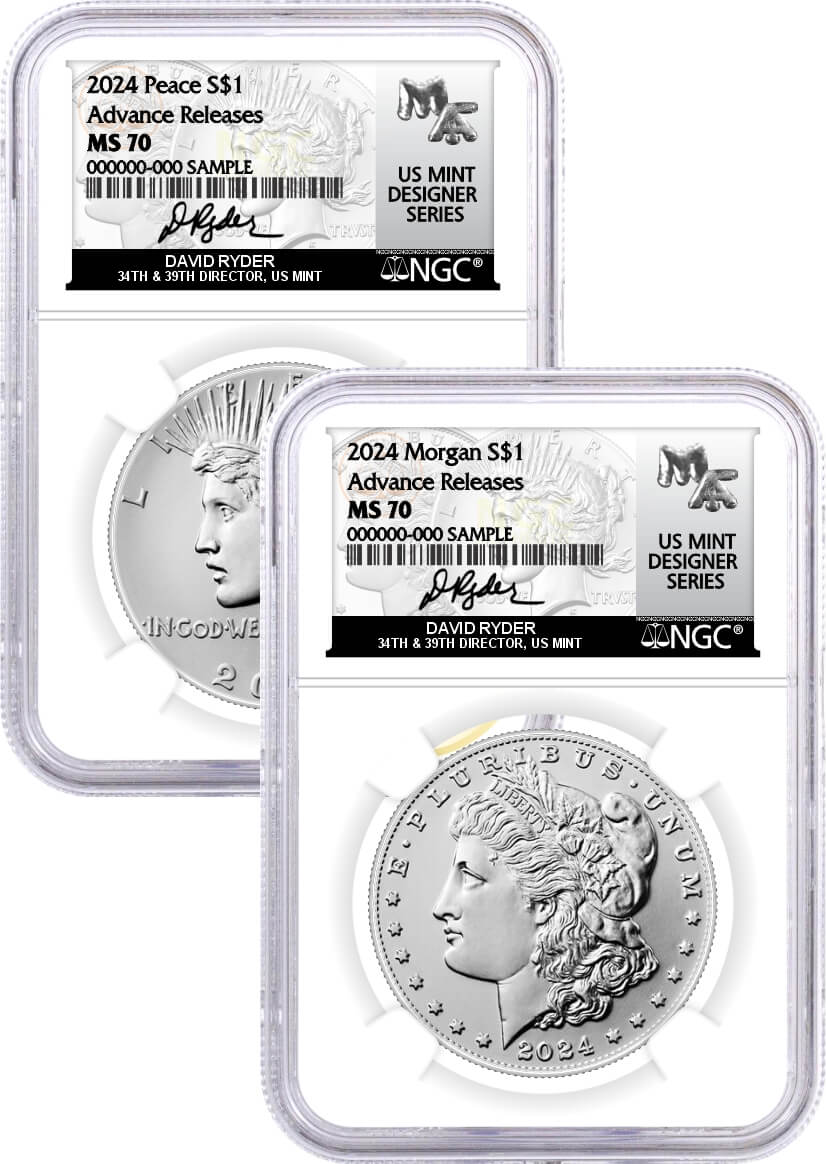 2024 $1 Uncirculated Silver Morgan Dollar and Peace Dollar 2 Coin Set NGC MS70 Advance Releases Ryder Signed US Mint Designer Series