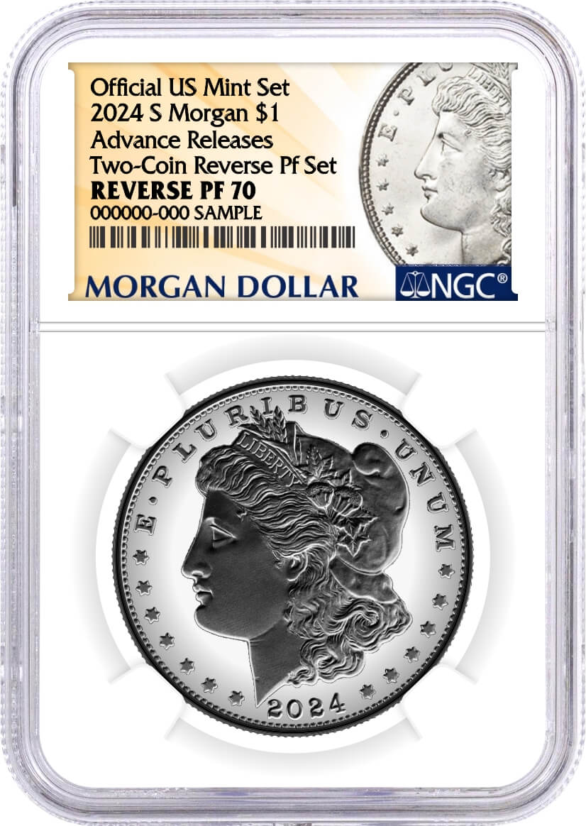2024 S $1 Reverse Proof Silver Morgan Dollar and Peace Dollar 2-Coin Set NGC Reverse PF70 Advance Releases Design Label