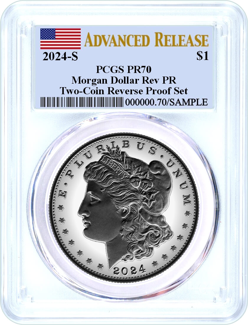 2024 S $1 Reverse Proof Silver Morgan Dollar and Peace Dollar 2-Coin Set PCGS PR70 Advanced Release Flag Label
