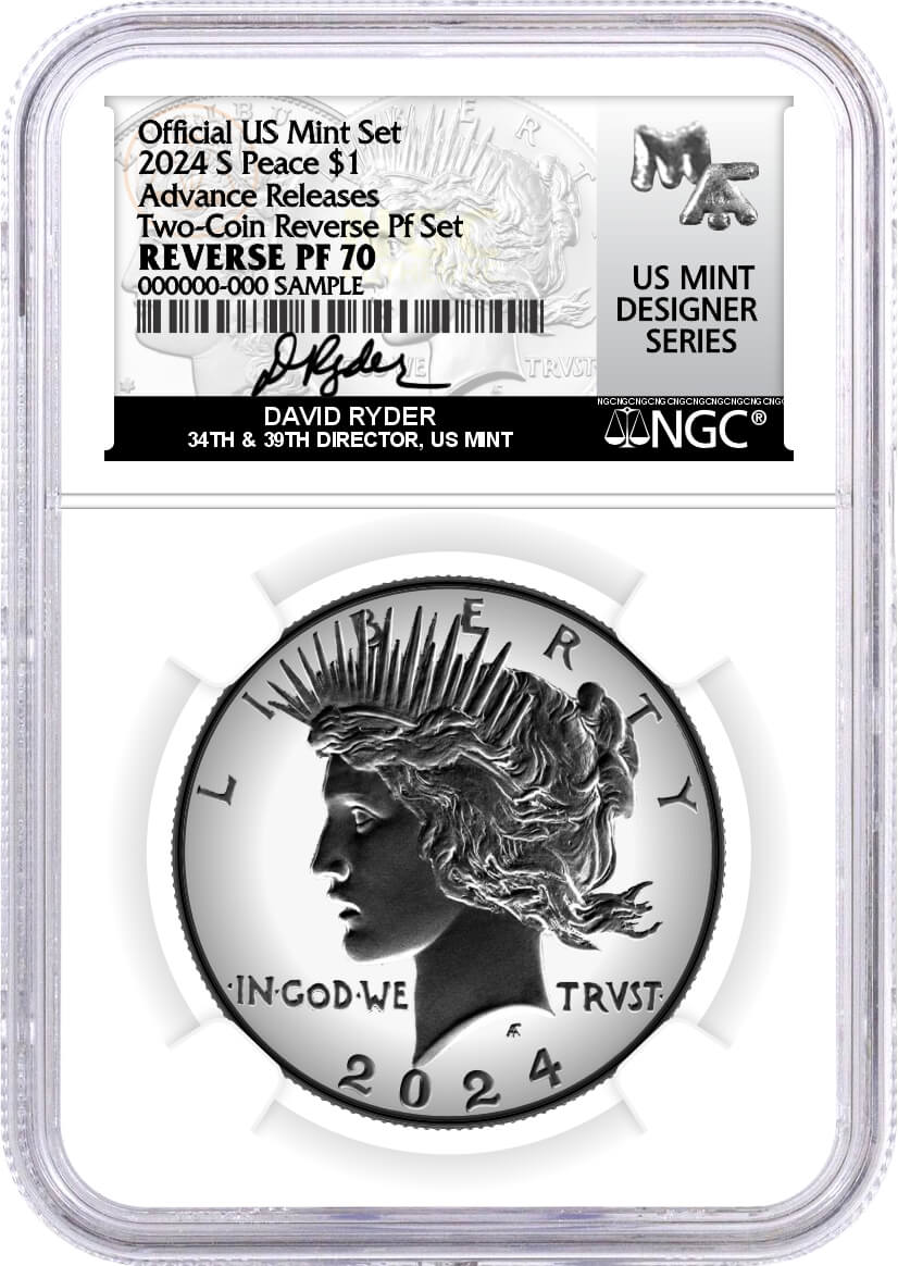 2024 S $1 Reverse Proof Silver Morgan Dollar and Peace Dollar 2-Coin Set NGC Reverse PF70 Advance Releases Ryder Signed US Mint Designer Series