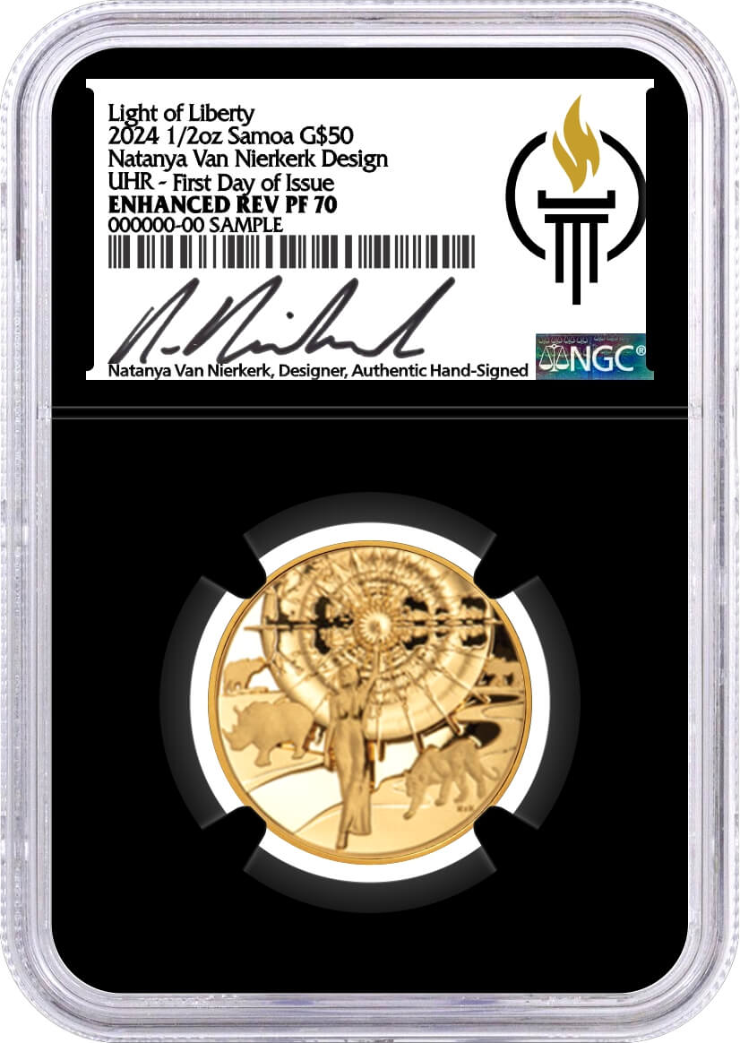2024 Samoa $50 1/2 oz Gold Light of Liberty Van Niekerk/Mercanti Design Ultra High Relief NGC Enhanced Reverse PF70 First Day of Issue Van Niekerk Signed Torch Label Black Core