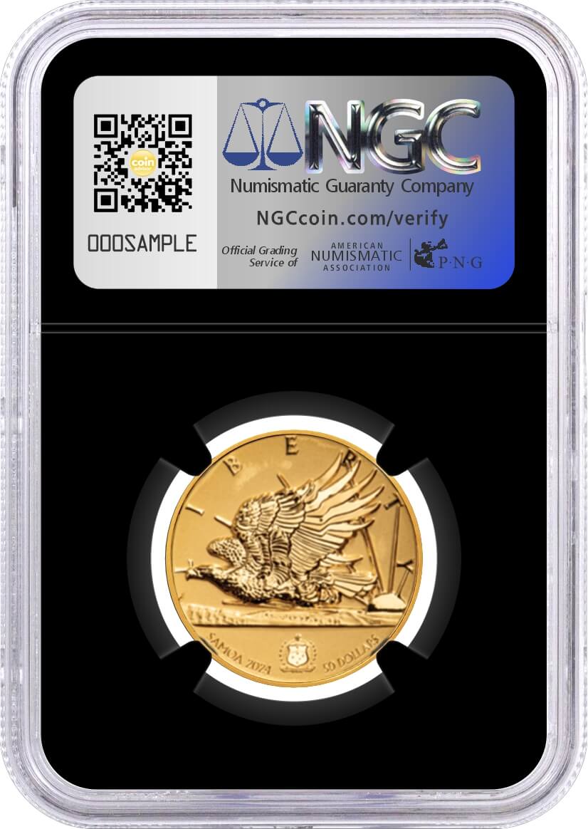 2024 Samoa $50 1/2 oz Gold Light of Liberty Van Niekerk/Mercanti Design Ultra High Relief NGC Enhanced Reverse PF70 First Day of Issue Van Niekerk Signed Torch Label Black Core