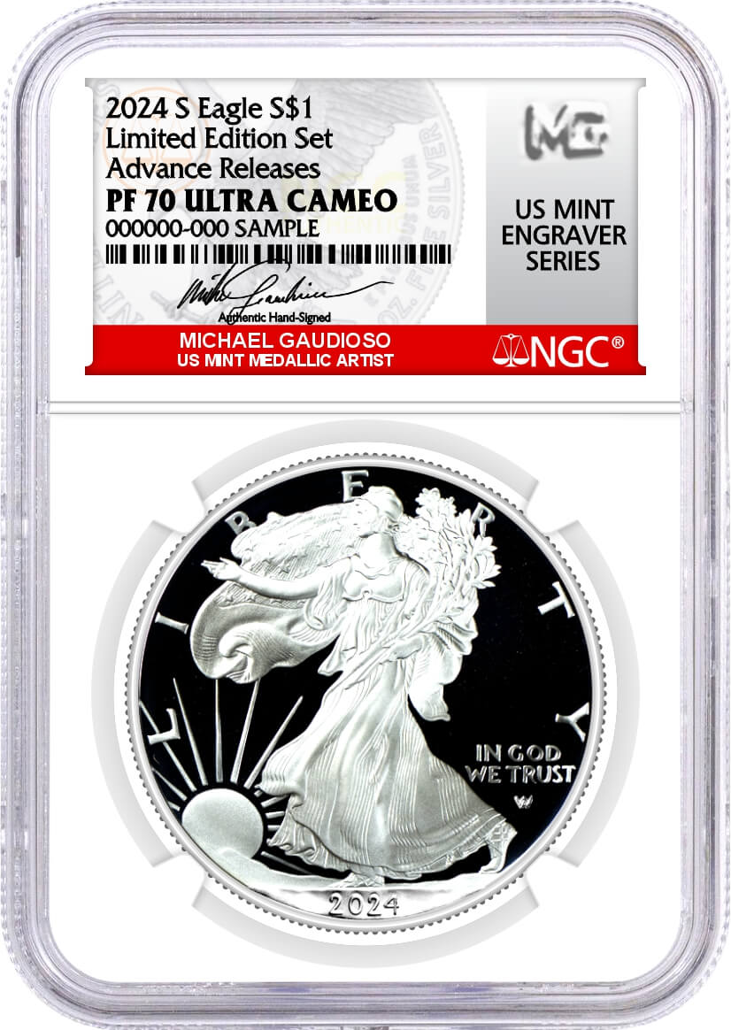 2024 S $1 Limited Edition Silver Proof Set Silver Eagle NGC PF70 Ultra Cameo Advance Releases Gaudioso Signed U.S. Mint Engraver Series with 7 Coin Bonus in OGP