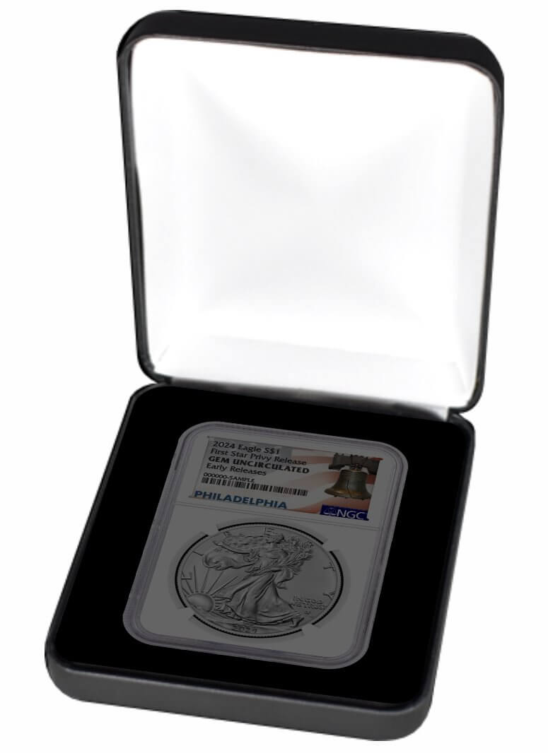 2024 (P) Silver Eagle First Star Privy Release NGC Gem Uncirculated Early Releases Liberty Bell Label with Bonus Display Case