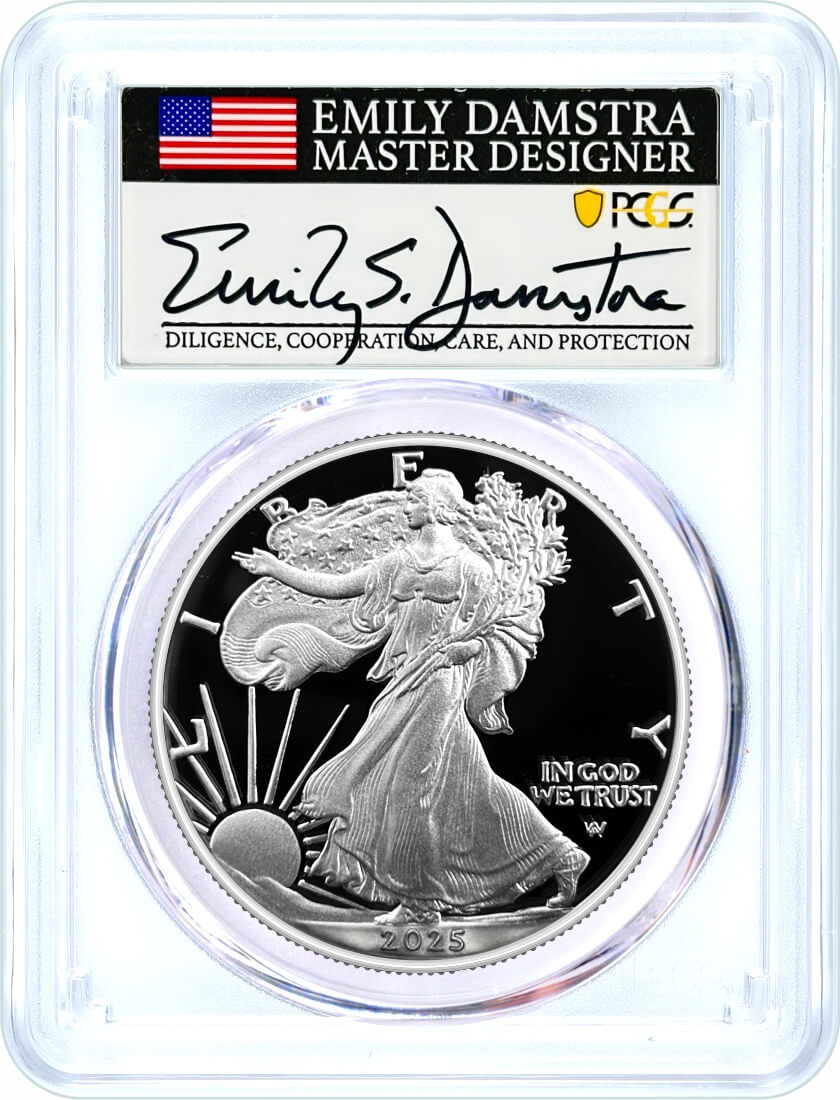2025 W $1 1 oz Proof Silver Eagle PCGS PR70 DCAM First Day of Issue Damstra Signed Flag Label