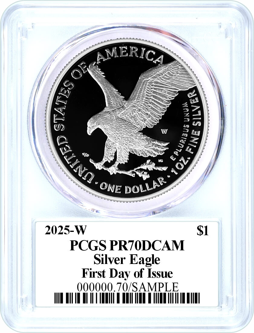 2025 W $1 1 oz Proof Silver Eagle PCGS PR70 DCAM First Day of Issue Damstra Signed Flag Label