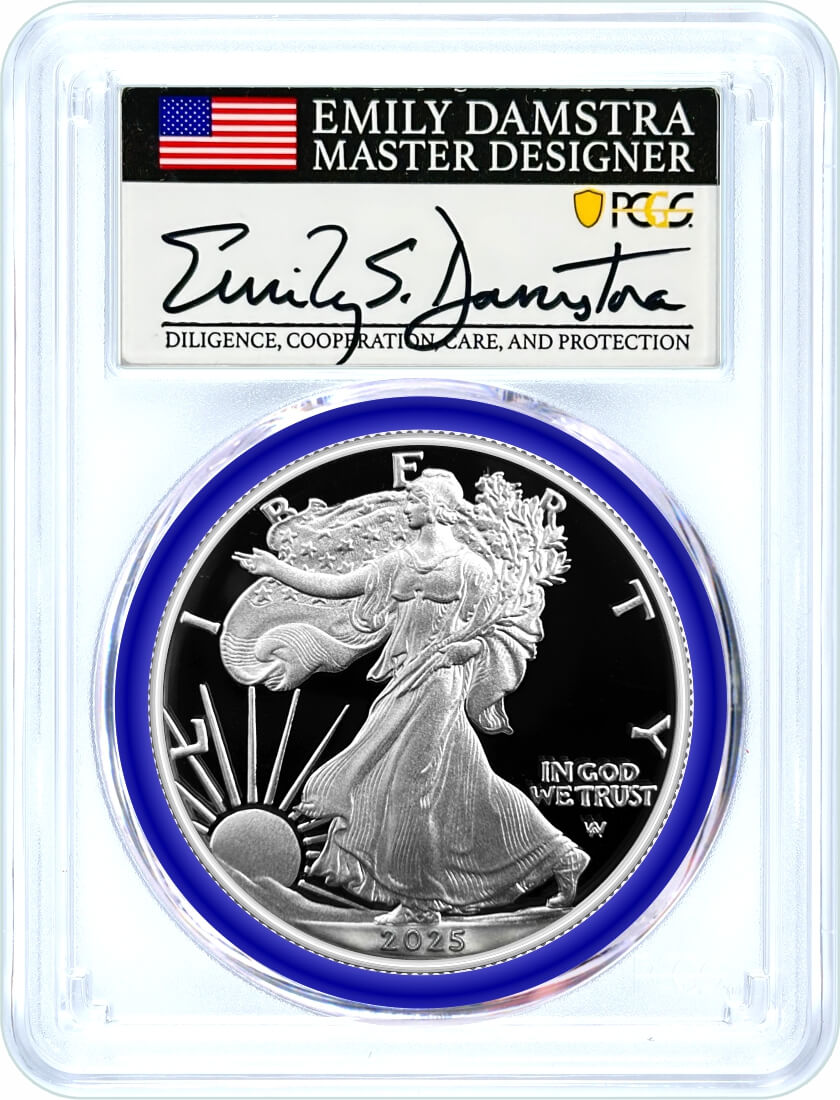 2025 W $1 1 oz Proof Silver Eagle PCGS PR70 DCAM First Day of Issue Damstra Signed Mint Designer Series