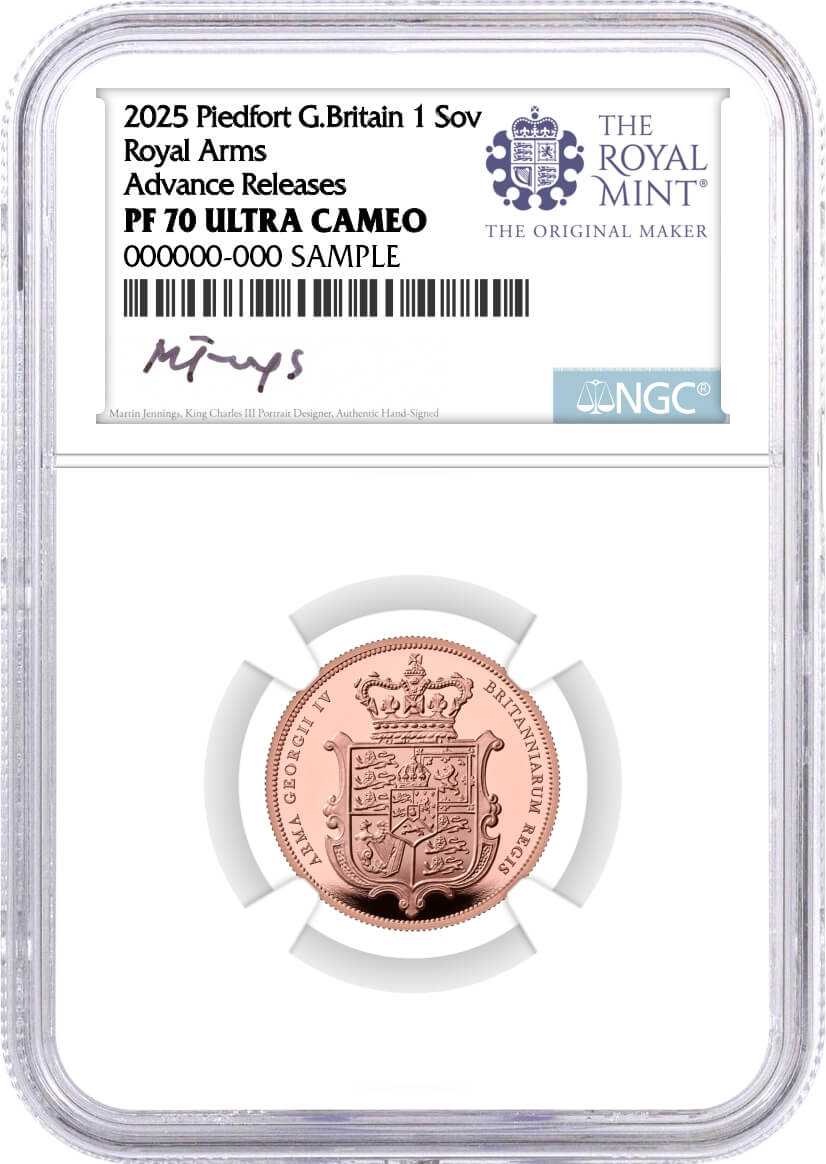 2025 G. Britain Piedfort Sovereign Rose Gold Proof Royal Arms NGC PF70 UCAM Advance Releases Jennings Signed 