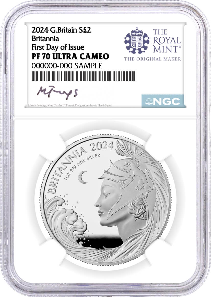 2024 G. Britain £2 1 oz Silver Proof Britannia NGC PF70 UCAM First Day of Issue Jennings Signed Royal Mint Label