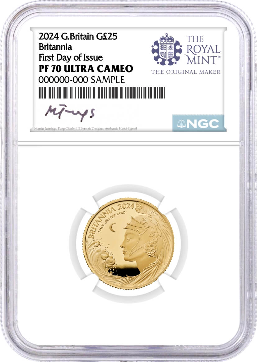 2024 G. Britain £25 1/4 oz Gold Proof Britannia NGC PF70 UCAM First Day of Issue Jennings Signed Royal Mint Label