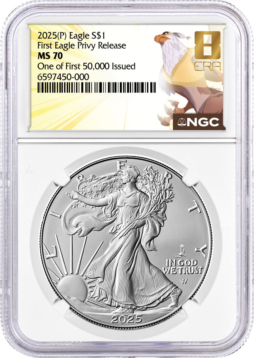 2025 (P) Silver Eagle First Eagle Privy Release One of First 50,000 Issued NGC MS70 8th Era Label