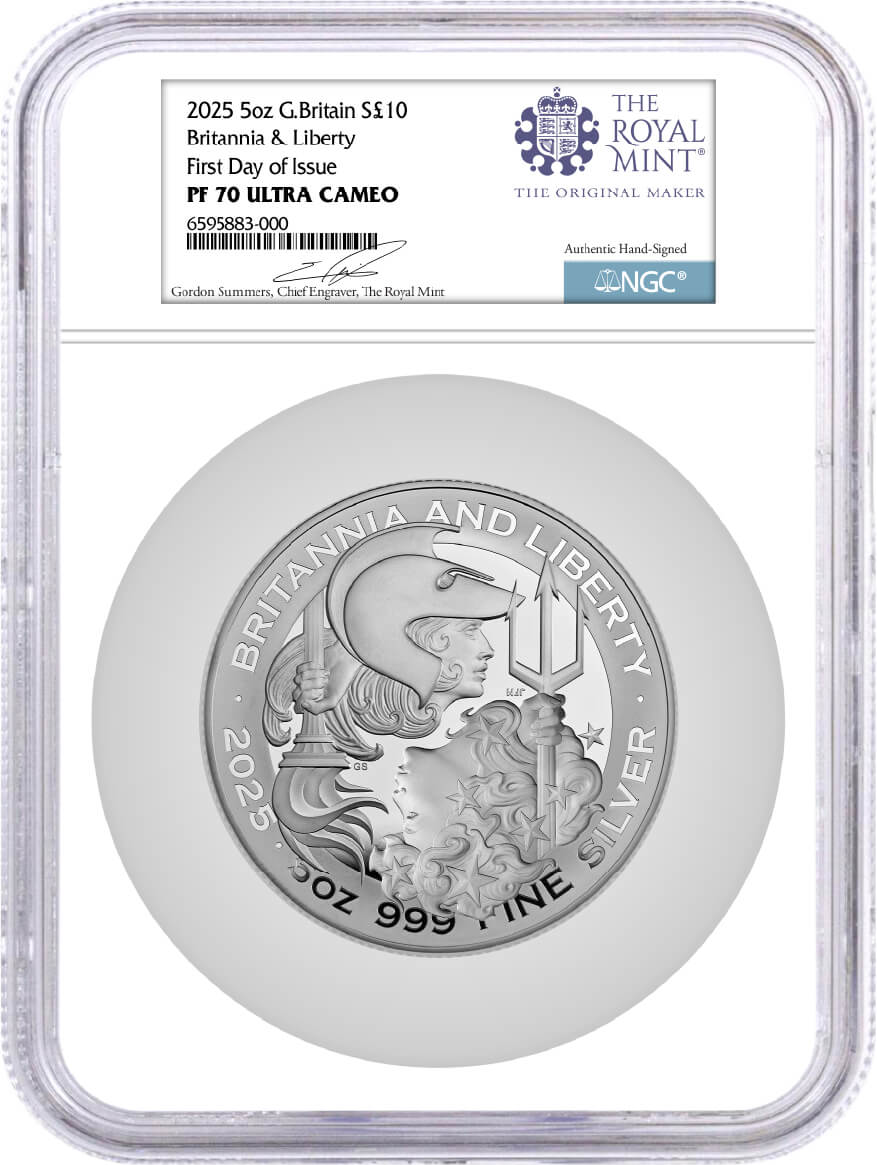 2025 G. Britain 5 oz Proof Silver Britannia & Liberty NGC PF70 UCAM First Day of Issue Summers Signed Royal Mint Label with OGP