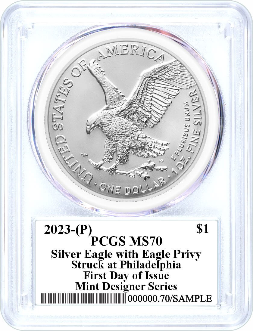 2025 (P) $1 1 oz Silver Eagle with Eagle Privy PCGS MS70 First Day of Issue Damstra Signed Mint Designer Series